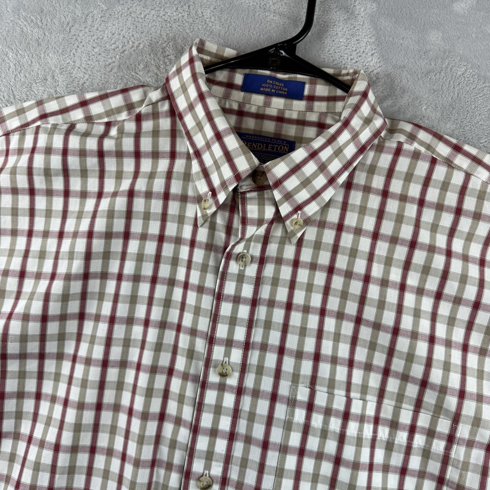 Pendleton Shirt Mens Large White Red Plaid Short Sleeve Button Down Cotton